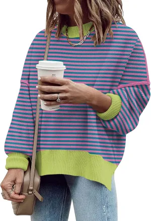 Women's Oversized Crewneck Sweaters Batwing Long Sleeve Side Slit Ribbed Knit Pullover Sweater Tops