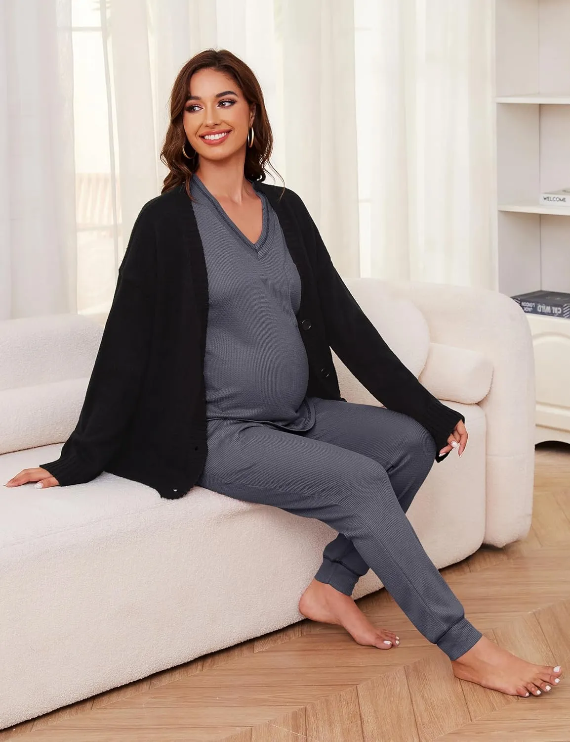 Womens Pajama Sets Waffle Knit 2 Piece Lounge Sets Sleepwear Loungewear Pjs Sets Long Sleeve V Neck Top and Pant Fall