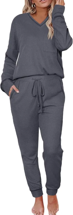 Womens Pajama Sets Waffle Knit 2 Piece Lounge Sets Sleepwear Loungewear Pjs Sets Long Sleeve V Neck Top and Pant Fall