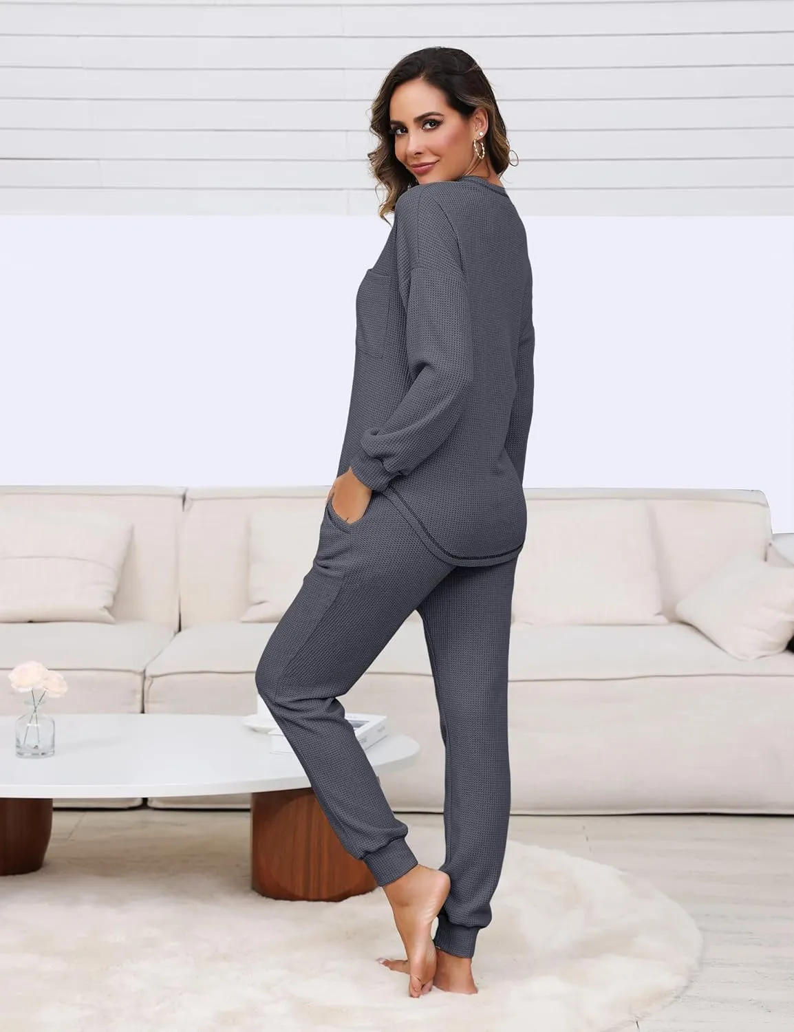 Womens Pajama Sets Waffle Knit 2 Piece Lounge Sets Sleepwear Loungewear Pjs Sets Long Sleeve V Neck Top and Pant Fall