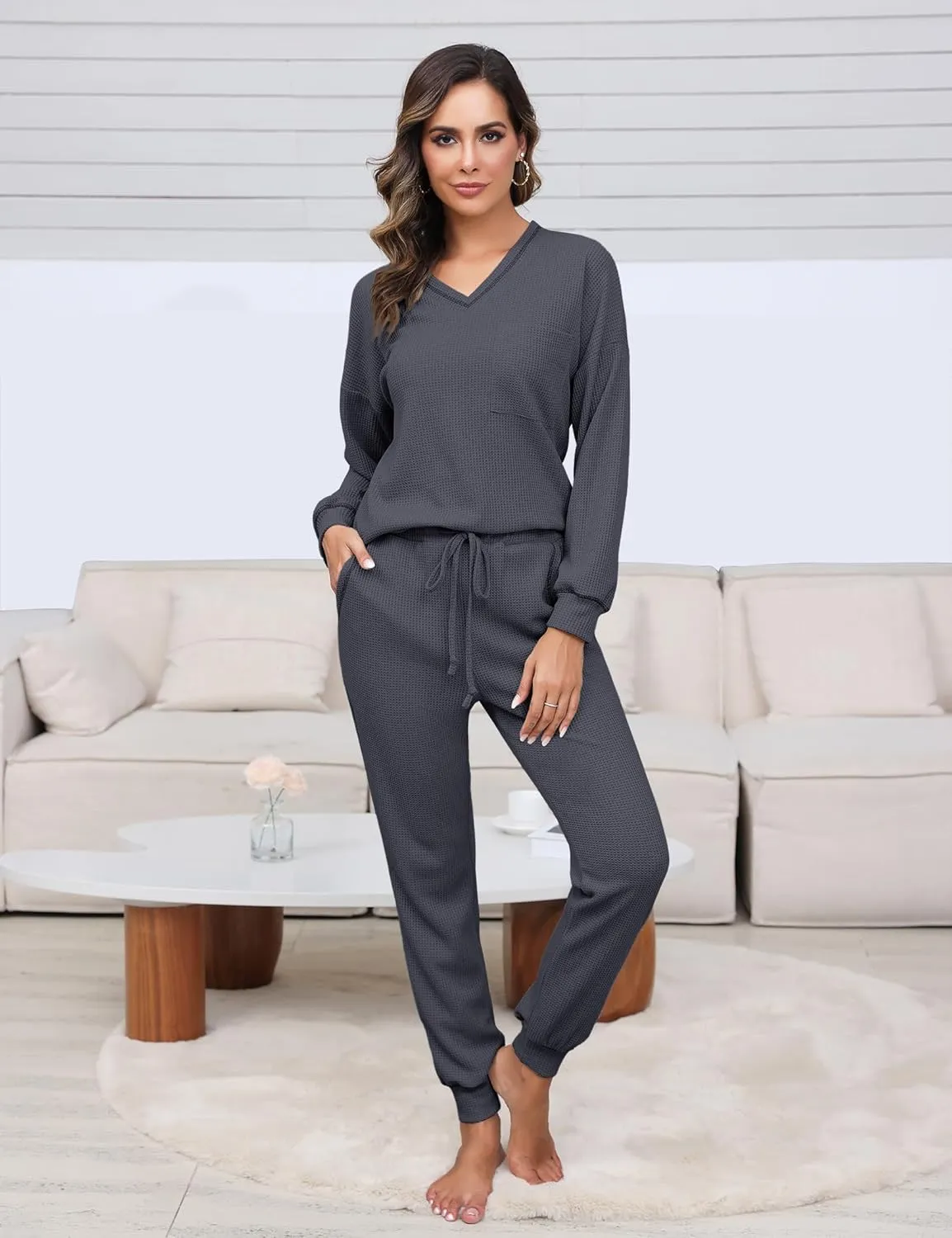 Womens Pajama Sets Waffle Knit 2 Piece Lounge Sets Sleepwear Loungewear Pjs Sets Long Sleeve V Neck Top and Pant Fall