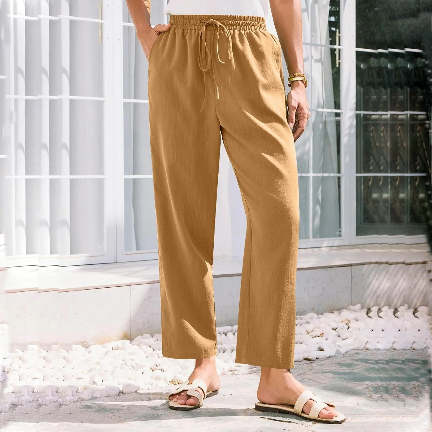 Womens Pants, Peasant Pants Straight Leg Linen Casual Loose 2025 Stretchy Elastic