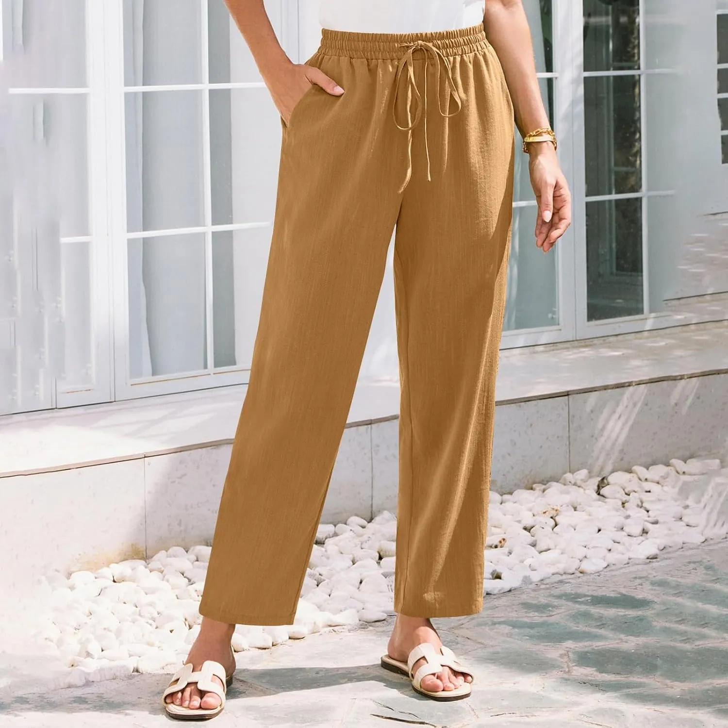 Womens Pants, Peasant Pants Straight Leg Linen Casual Loose 2025 Stretchy Elastic