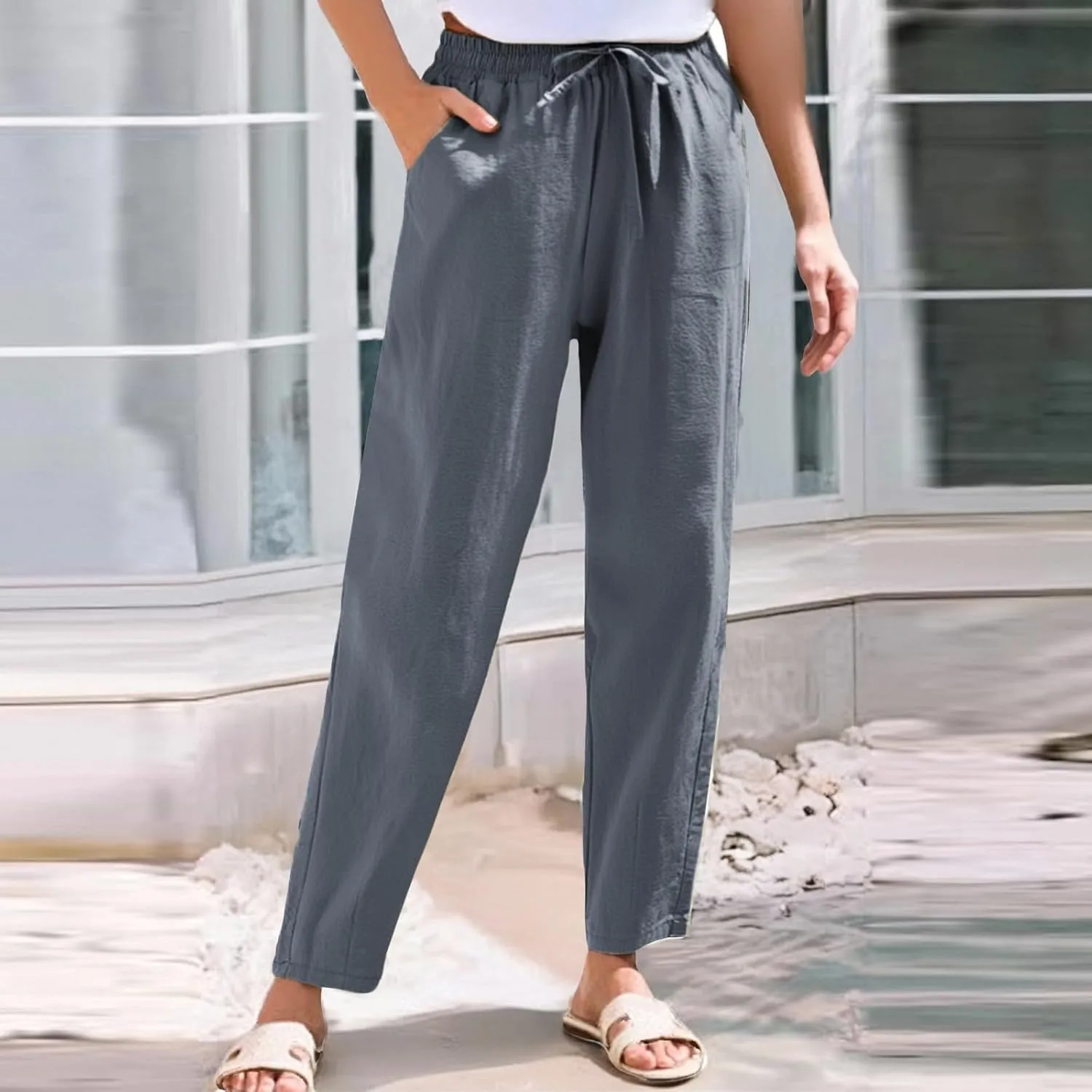 Women's Pants, Straight Leg Casual Everyday Linen Peasant Pants Sweatpants Lounge Plus