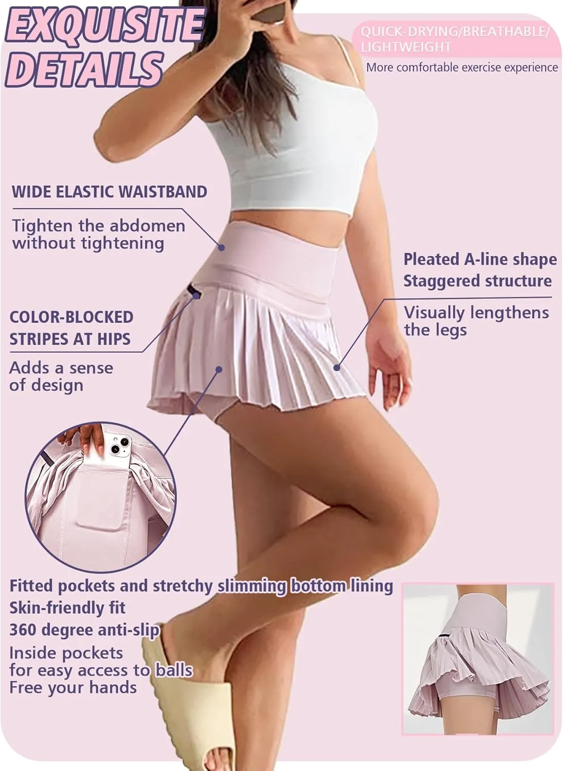 Women's Pleated Tennis Flowy Skirt with Shorts Golf Athletic Tummy Control Skorts with Pockets Pickleball Workout