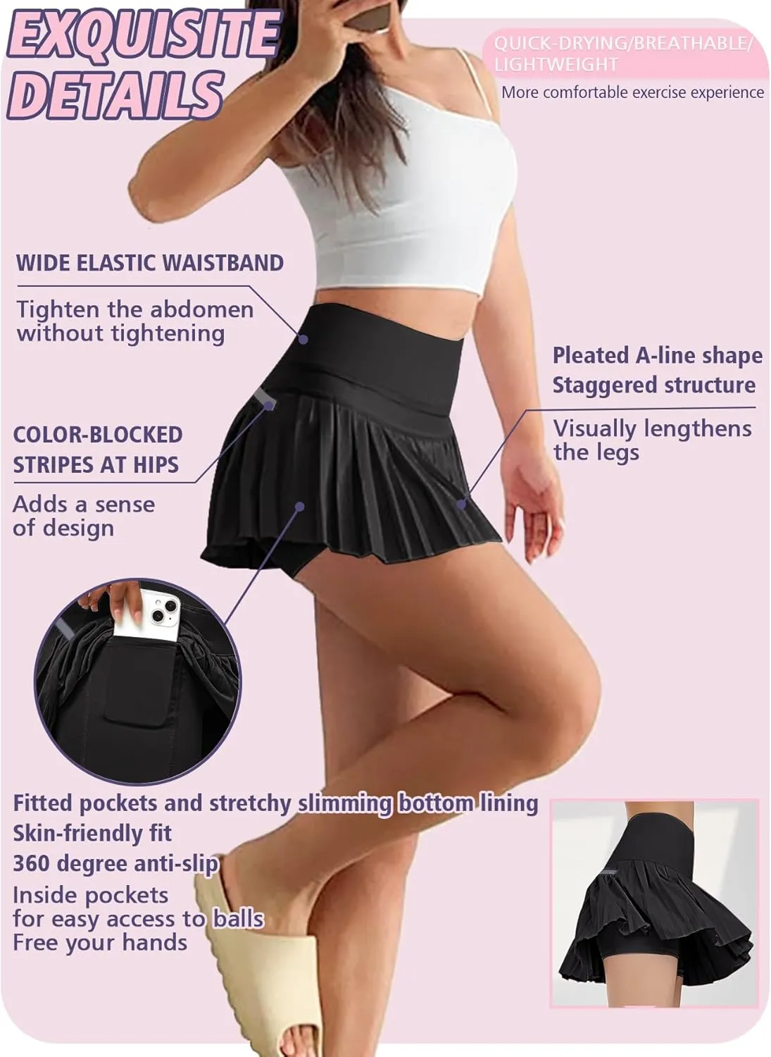Women's Pleated Tennis Flowy Skirt with Shorts Golf Athletic Tummy Control Skorts with Pockets Pickleball Workout