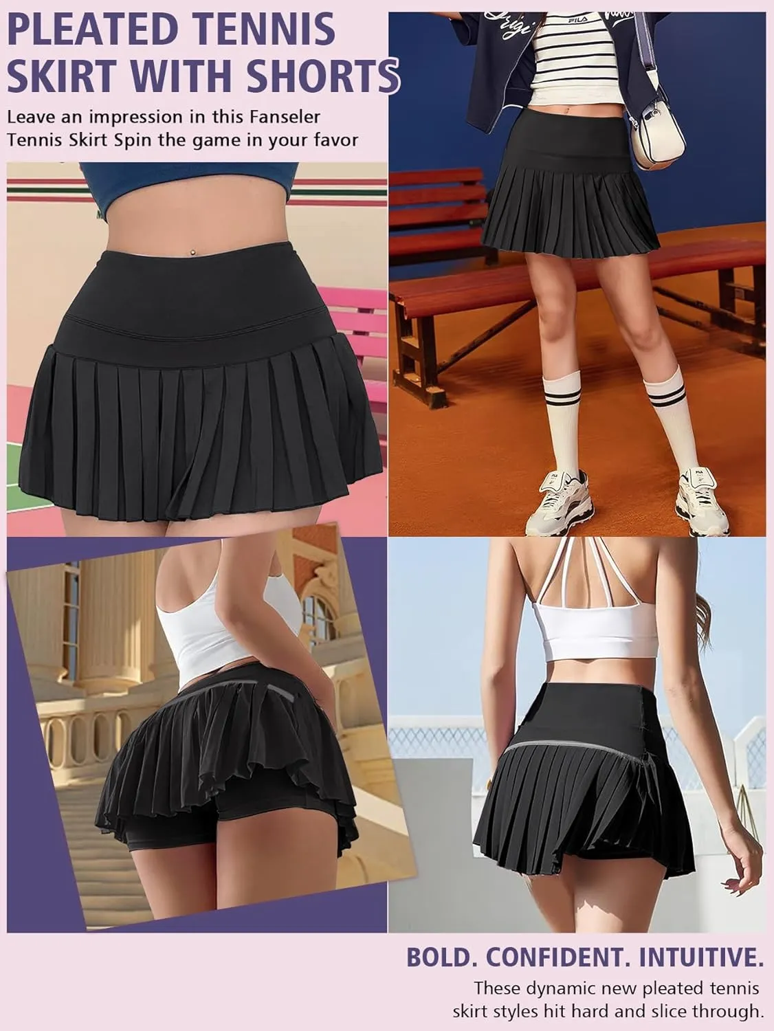 Women's Pleated Tennis Flowy Skirt with Shorts Golf Athletic Tummy Control Skorts with Pockets Pickleball Workout