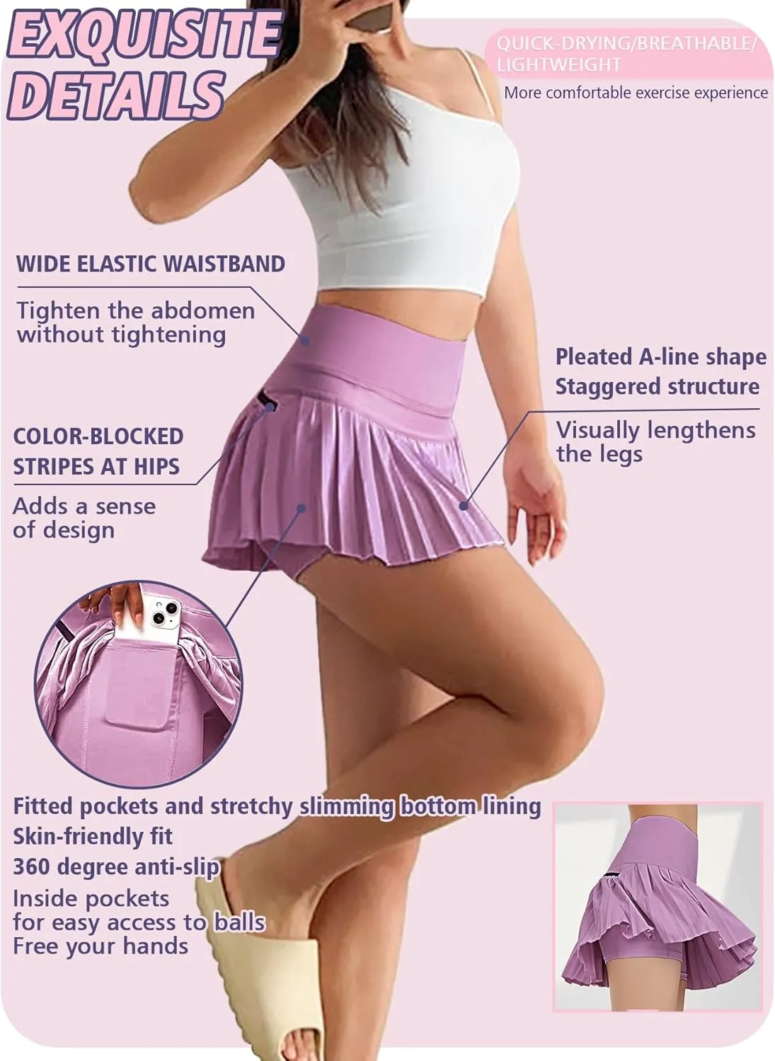 Women's Pleated Tennis Flowy Skirt with Shorts Golf Athletic Tummy Control Skorts with Pockets Pickleball Workout