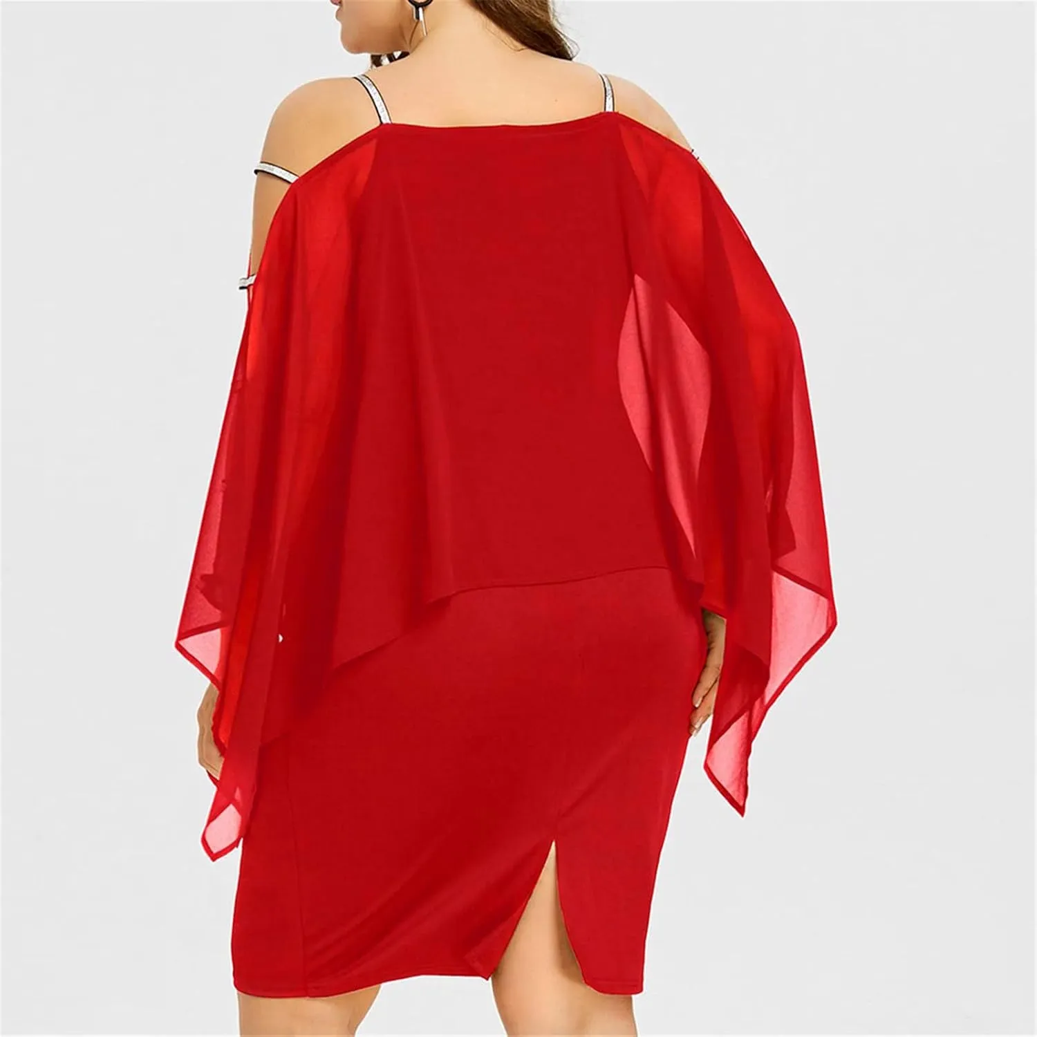 Women's Plus Size Cocktail Dresses for Curvy Cutout Bat Sleeve Chiffon Cape Strapless Bodycon Dress, XL-5XL