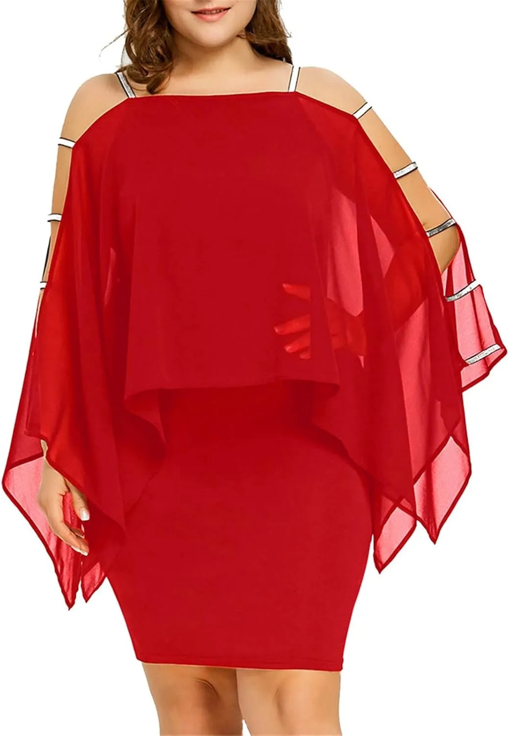 Women's Plus Size Cocktail Dresses for Curvy Cutout Bat Sleeve Chiffon Cape Strapless Bodycon Dress, XL-5XL