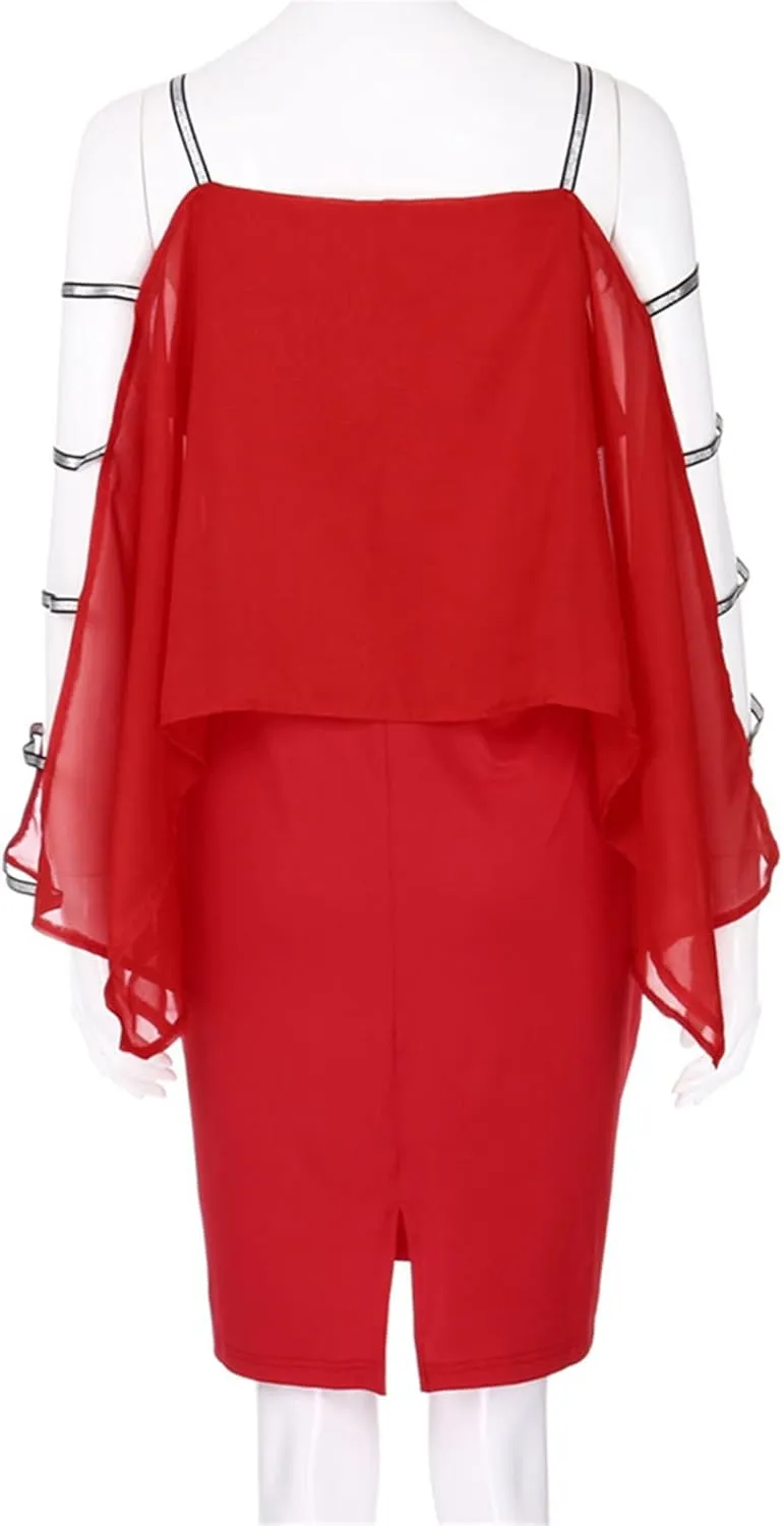 Women's Plus Size Cocktail Dresses for Curvy Cutout Bat Sleeve Chiffon Cape Strapless Bodycon Dress, XL-5XL