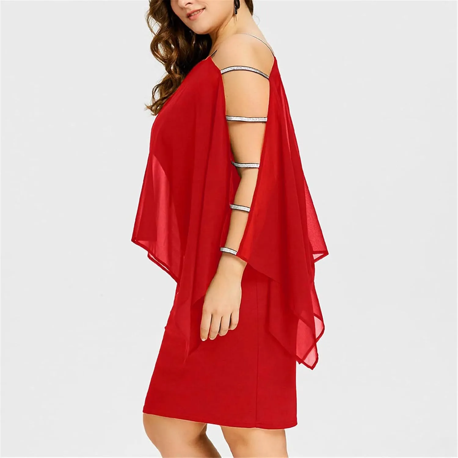 Women's Plus Size Cocktail Dresses for Curvy Cutout Bat Sleeve Chiffon Cape Strapless Bodycon Dress, XL-5XL