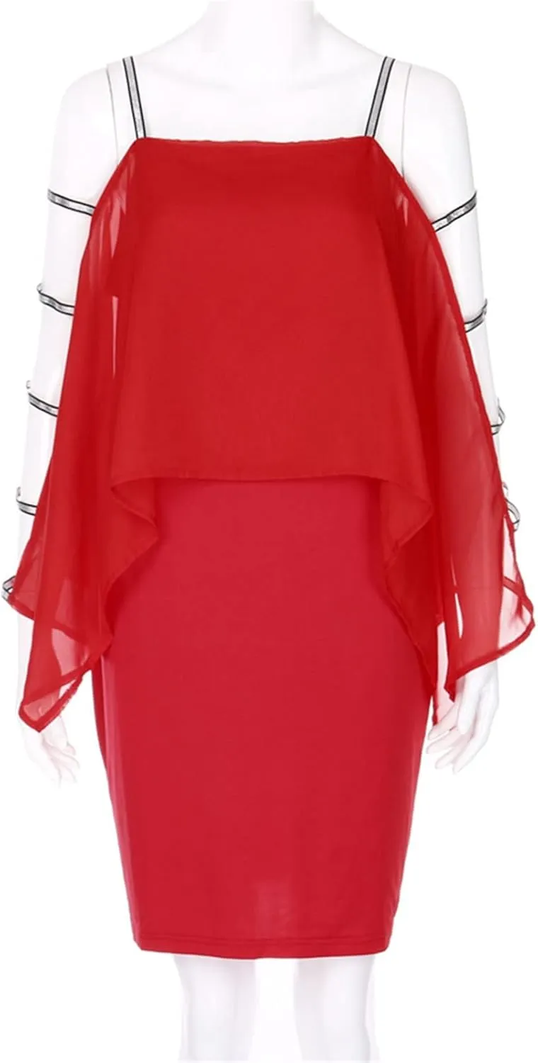 Women's Plus Size Cocktail Dresses for Curvy Cutout Bat Sleeve Chiffon Cape Strapless Bodycon Dress, XL-5XL