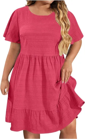 Womens Plus Size Mini Dress Pleated Patchwork Dresses Short Sleeve Crewneck Sundress Beach Wedding Guest Clothes 2025