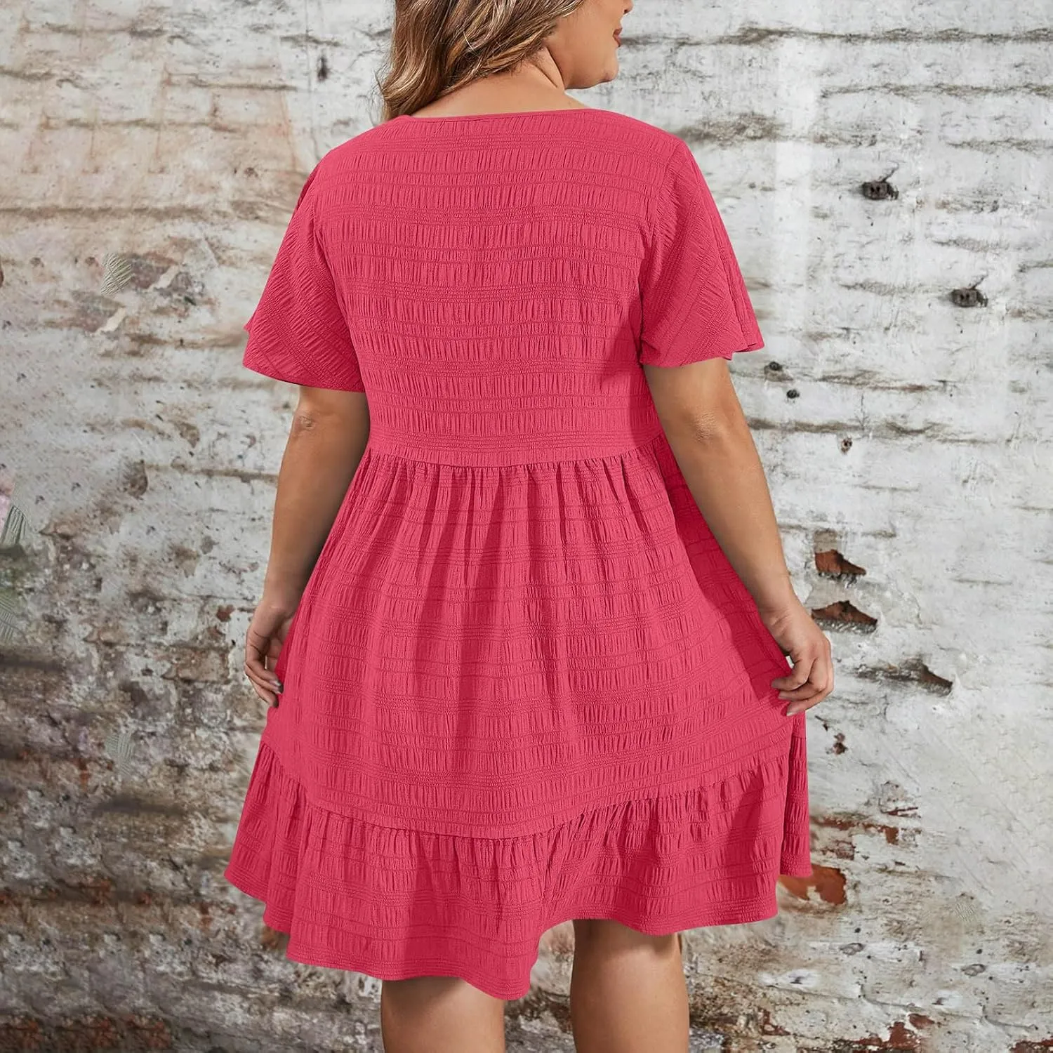 Womens Plus Size Mini Dress Pleated Patchwork Dresses Short Sleeve Crewneck Sundress Beach Wedding Guest Clothes 2025