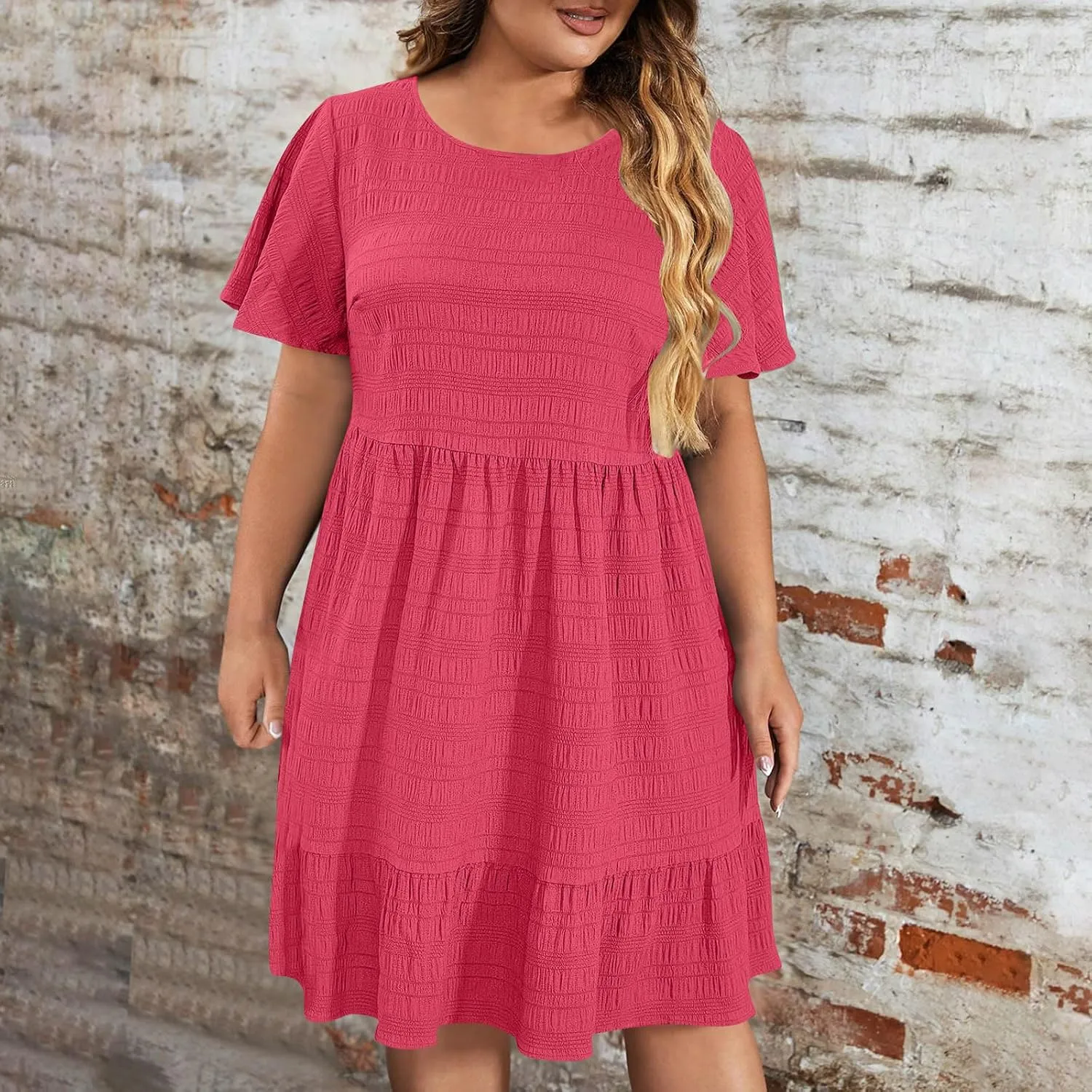 Womens Plus Size Mini Dress Pleated Patchwork Dresses Short Sleeve Crewneck Sundress Beach Wedding Guest Clothes 2025