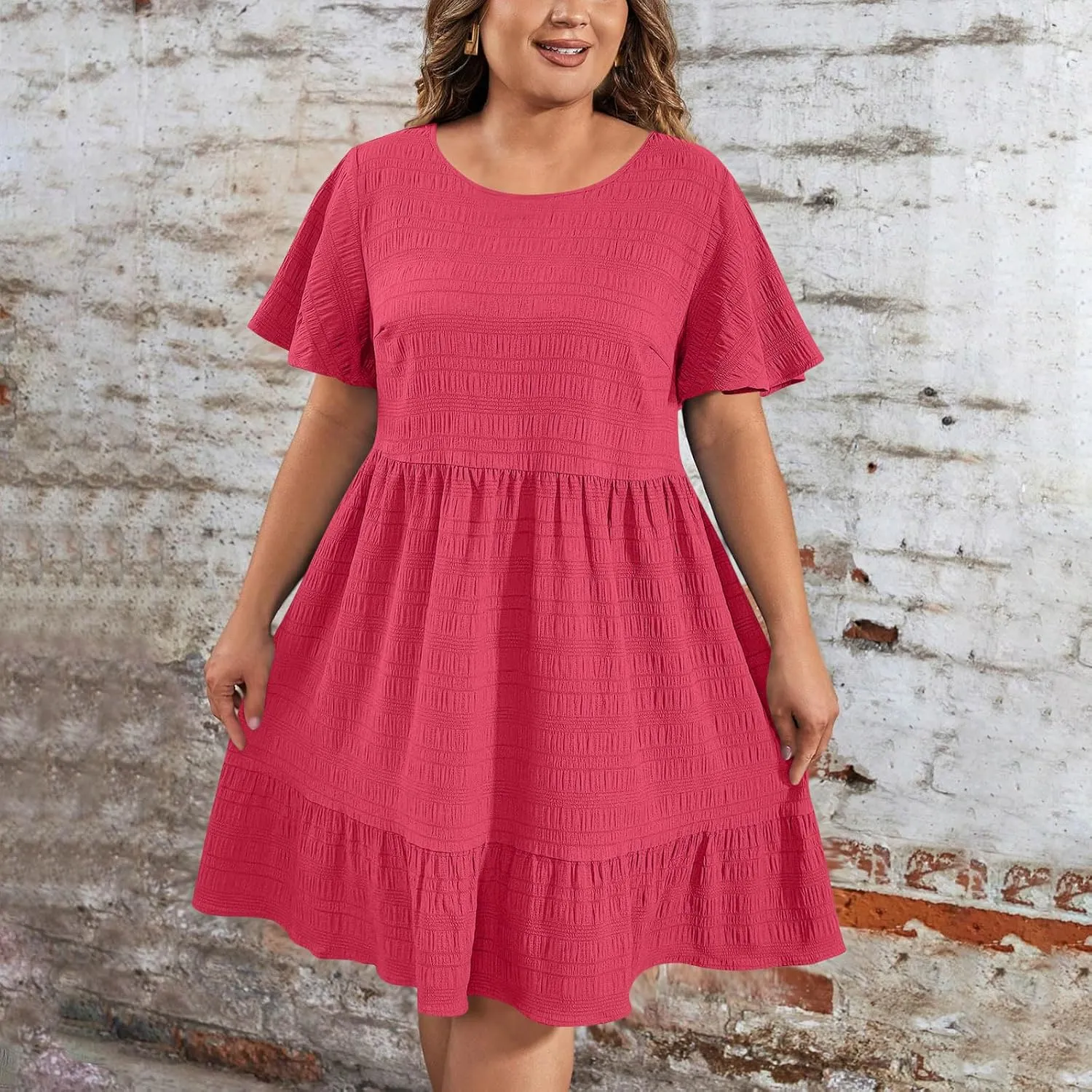Womens Plus Size Mini Dress Pleated Patchwork Dresses Short Sleeve Crewneck Sundress Beach Wedding Guest Clothes 2025