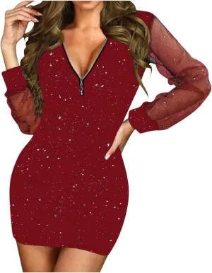 Women's Plus Size Off The Shoulder Mesh Long Sleeve Sequined Skirt Bodycon Ruched Mini Party Cocktail Dresses Sexy Wrap Dress