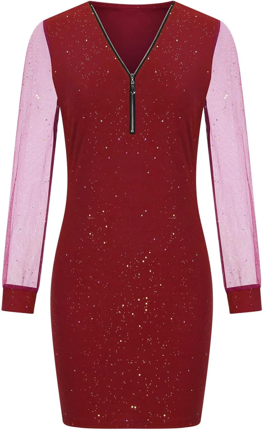 Women's Plus Size Off The Shoulder Mesh Long Sleeve Sequined Skirt Bodycon Ruched Mini Party Cocktail Dresses Sexy Wrap Dress