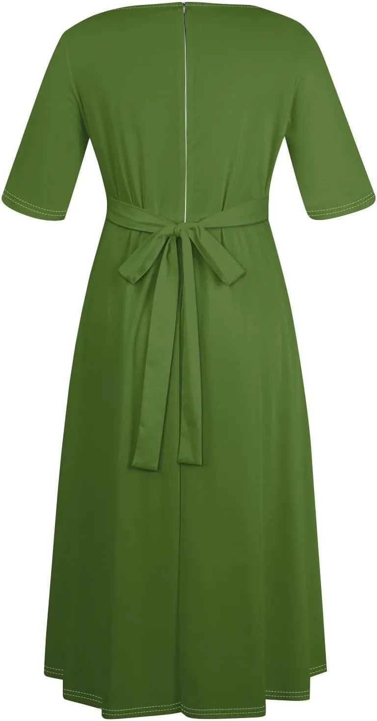 Women's Plus Size Outfits Solid Color Crew Neck 3/4 Sleeve Smocked Straps Big Hem Swing Maxi Dresses Casual, XL-5XL