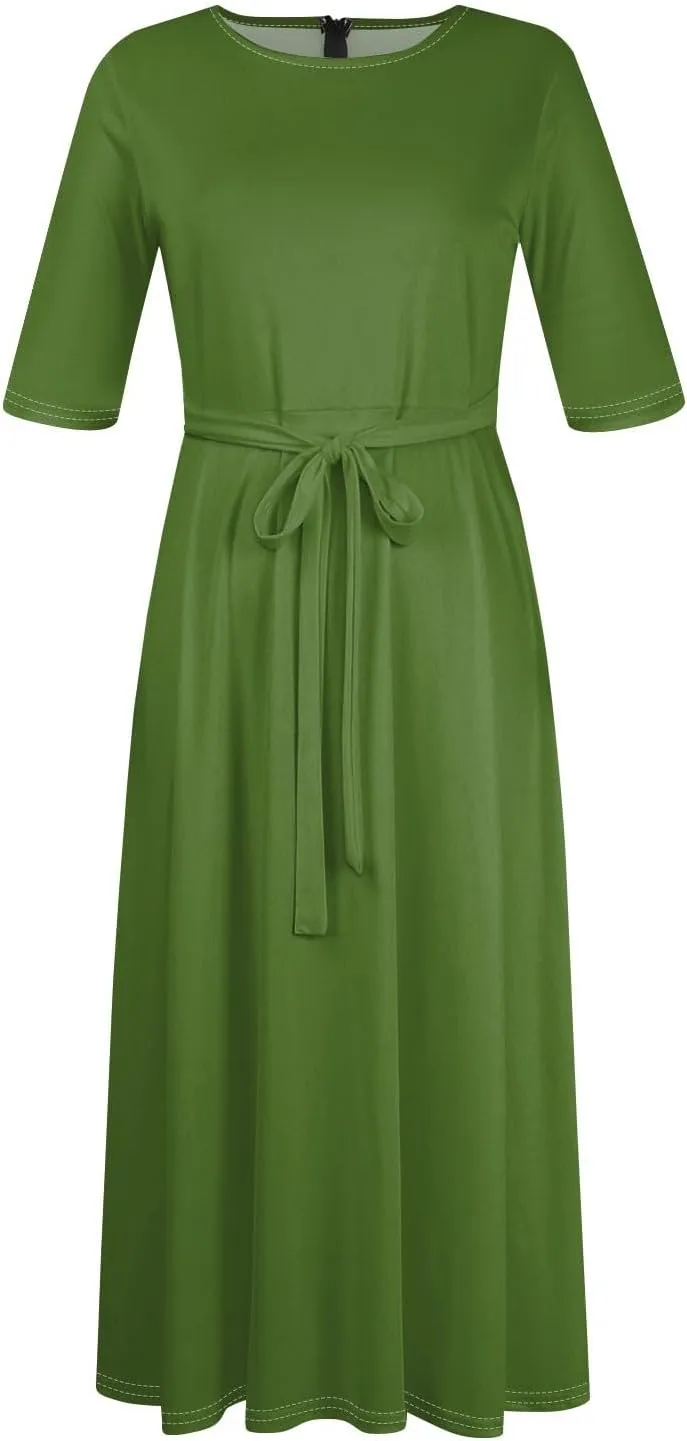 Women's Plus Size Outfits Solid Color Crew Neck 3/4 Sleeve Smocked Straps Big Hem Swing Maxi Dresses Casual, XL-5XL