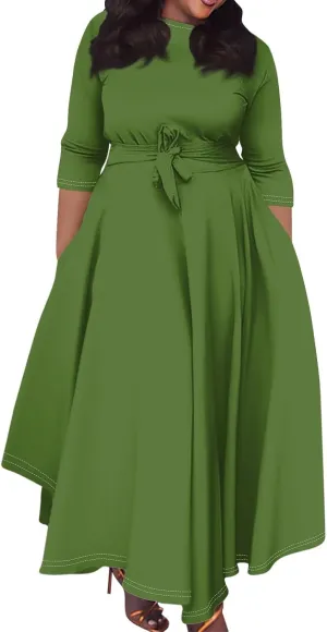 Women's Plus Size Outfits Solid Color Crew Neck 3/4 Sleeve Smocked Straps Big Hem Swing Maxi Dresses Casual, XL-5XL