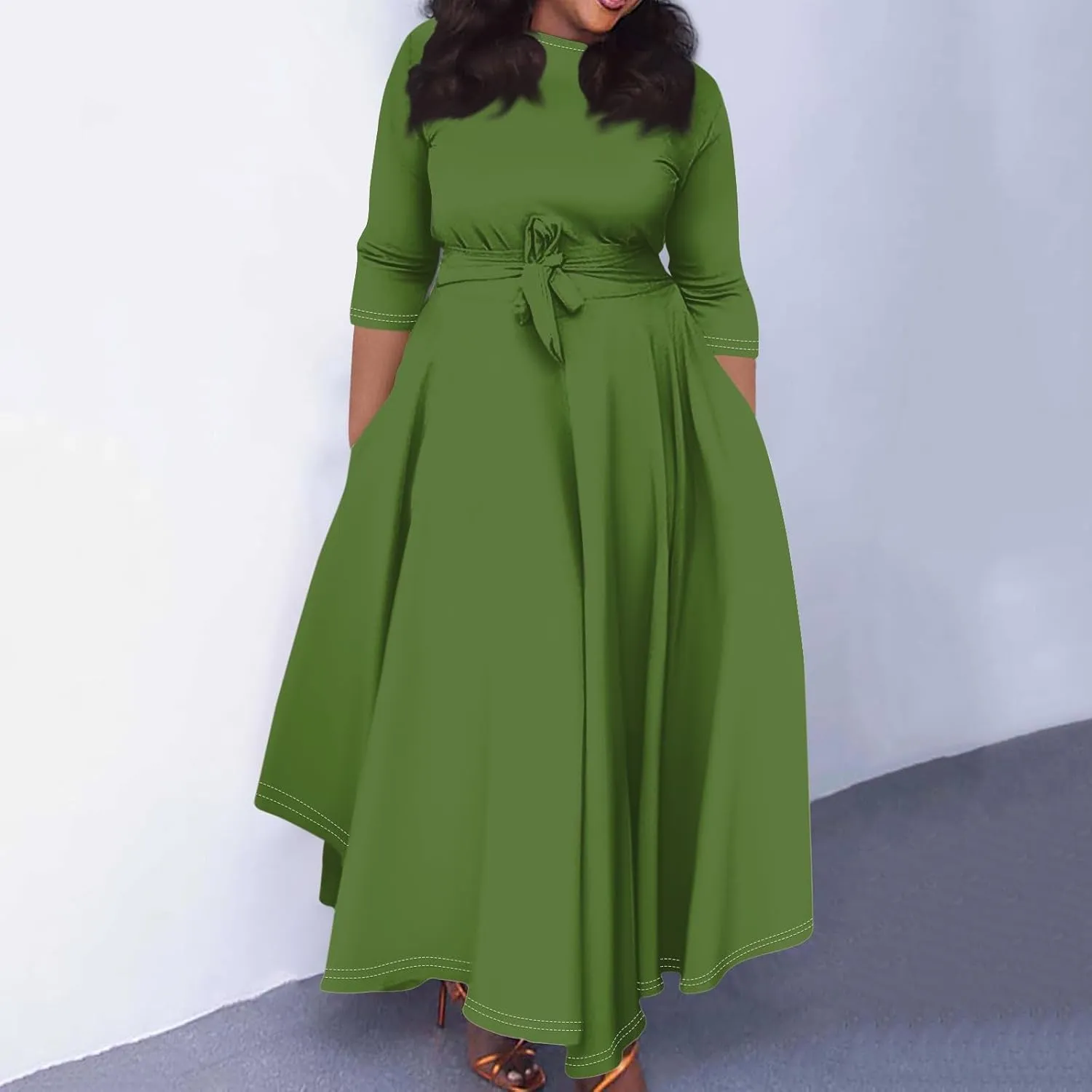 Women's Plus Size Outfits Solid Color Crew Neck 3/4 Sleeve Smocked Straps Big Hem Swing Maxi Dresses Casual, XL-5XL