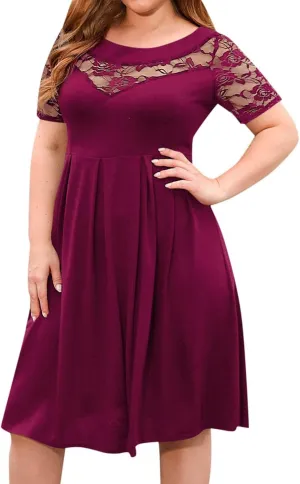 Women's Plus Size Short Sleeve Lace Midi Dress Pleated Casual Summer Flowy Dress with Pockets Petite Maxi Dresses