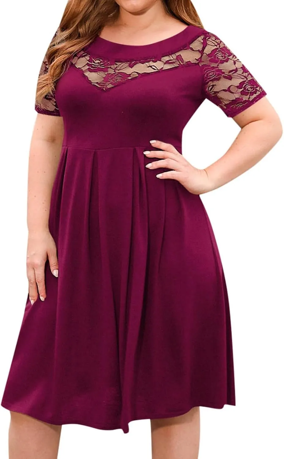 Women's Plus Size Short Sleeve Lace Midi Dress Pleated Casual Summer Flowy Dress with Pockets Petite Maxi Dresses