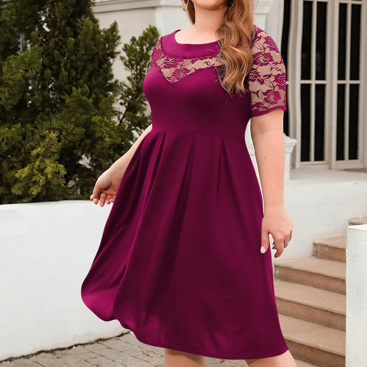 Women's Plus Size Short Sleeve Lace Midi Dress Pleated Casual Summer Flowy Dress with Pockets Petite Maxi Dresses
