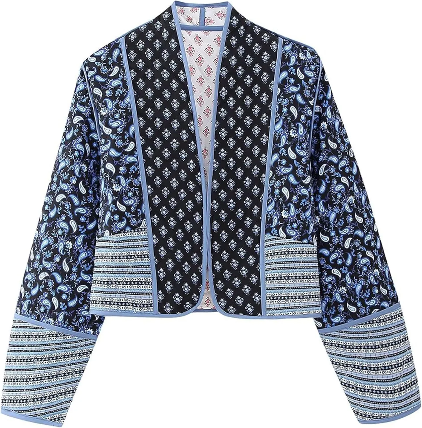 Women's Quilted Puffer Jacket Floral Printed Lightweight Cropped Open Front Cardigans Coats
