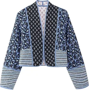 Women's Quilted Puffer Jacket Floral Printed Lightweight Cropped Open Front Cardigans Coats