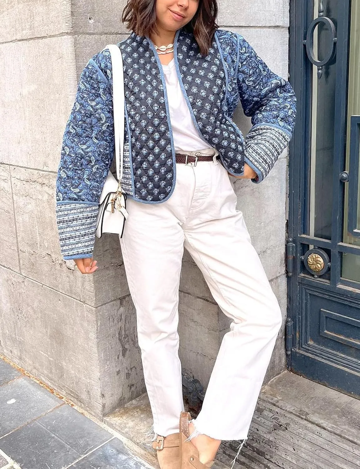 Women's Quilted Puffer Jacket Floral Printed Lightweight Cropped Open Front Cardigans Coats