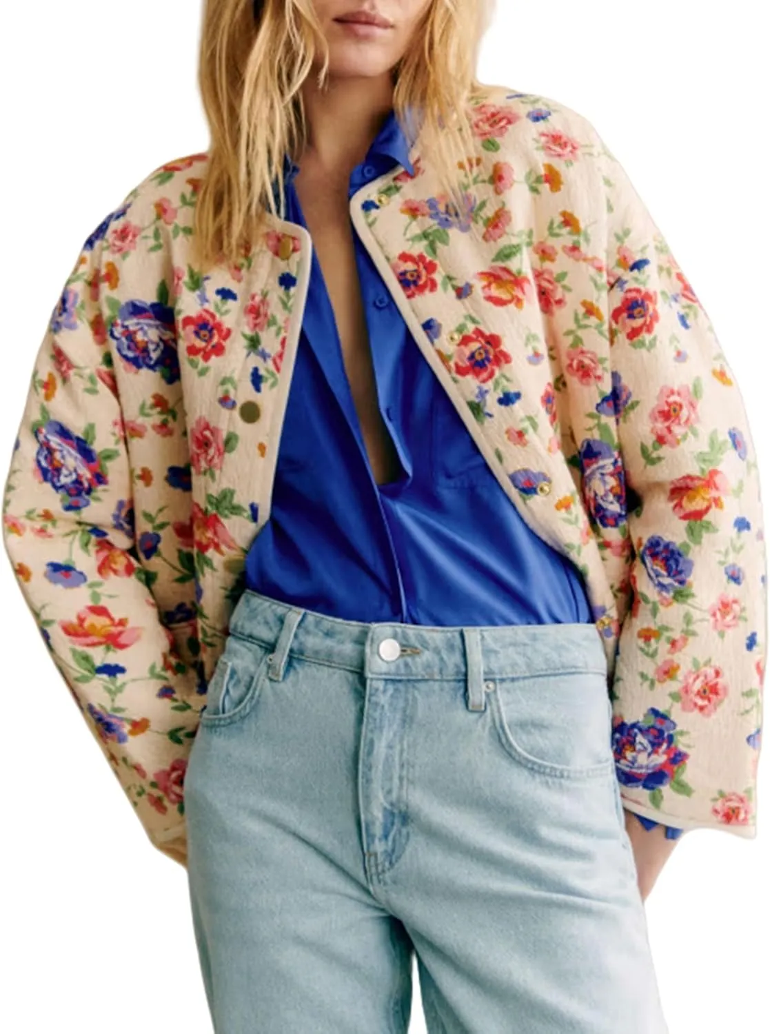 Women's Quilted Puffer Jacket Floral Printed Lightweight Cropped Open Front Cardigans Coats