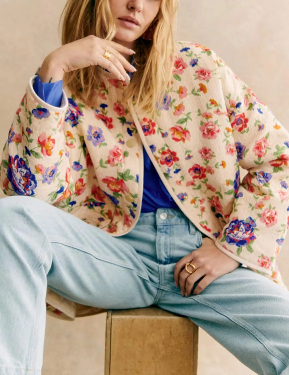 Women's Quilted Puffer Jacket Floral Printed Lightweight Cropped Open Front Cardigans Coats