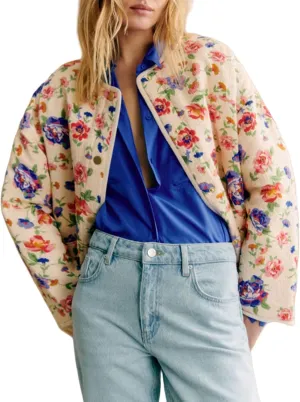 Women's Quilted Puffer Jacket Floral Printed Lightweight Cropped Open Front Cardigans Coats