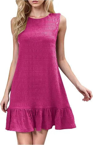 Women's Ruffle Hem Sleeveless Tank Dress Round Neck Casual Smock Summer Mini Dresses Trendy Solid Color Beach Sundress