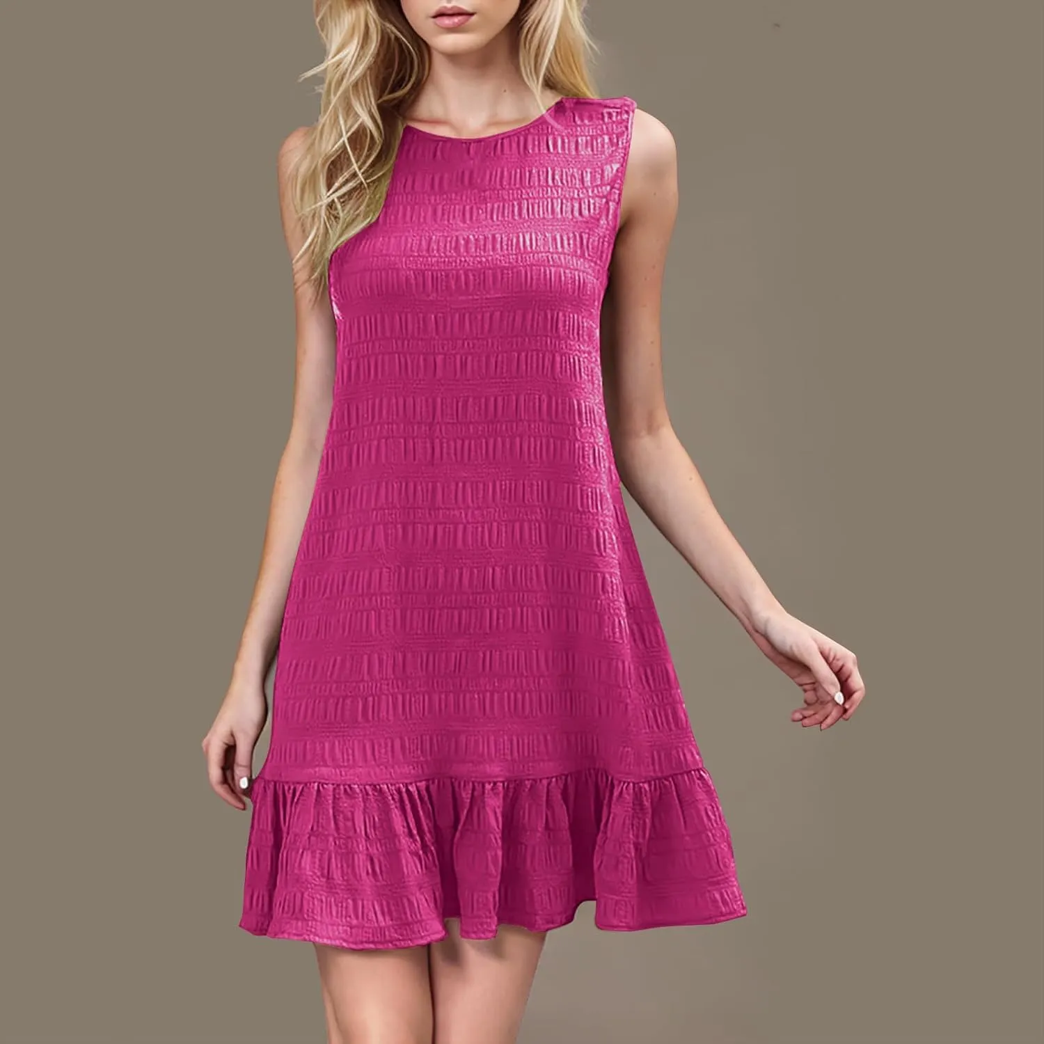 Women's Ruffle Hem Sleeveless Tank Dress Round Neck Casual Smock Summer Mini Dresses Trendy Solid Color Beach Sundress