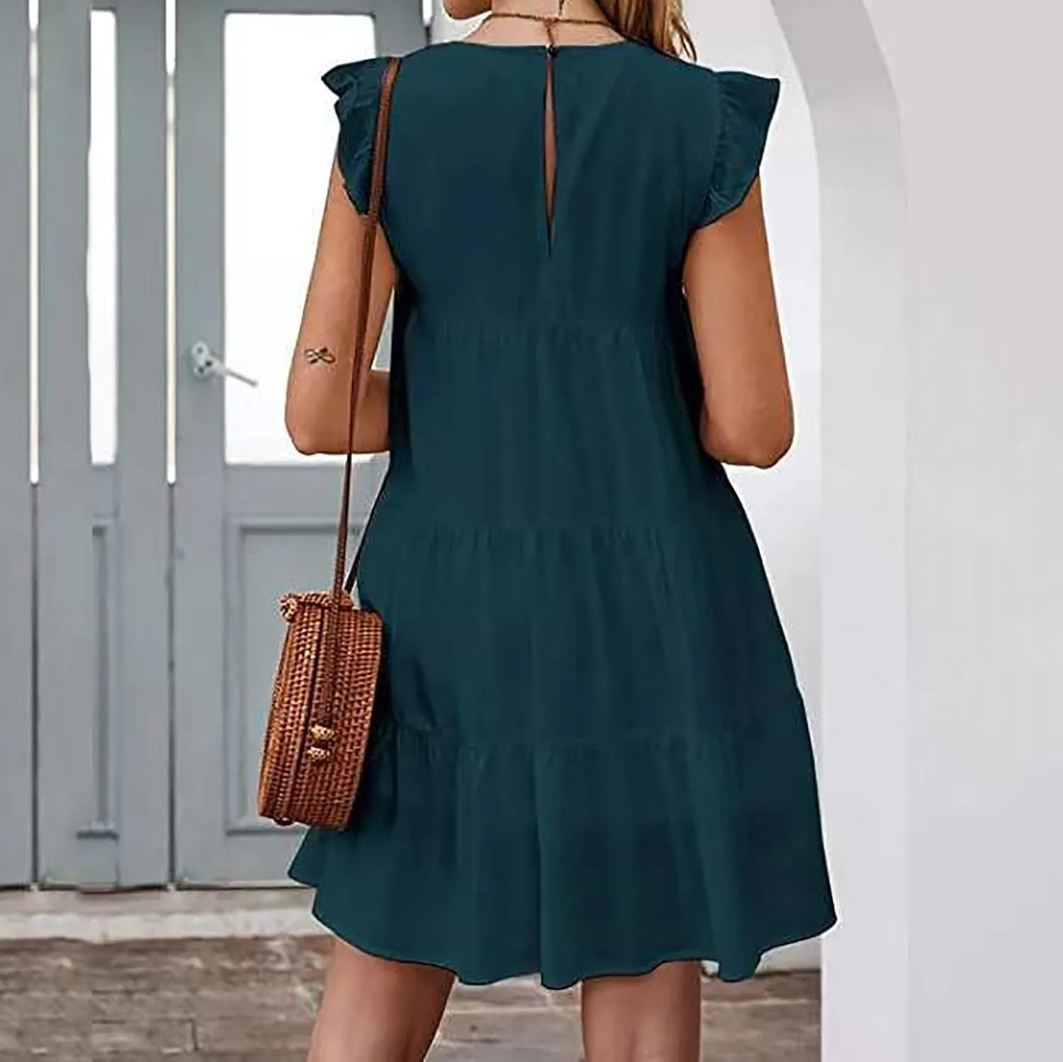 Women's Ruffles Boho Floral Printed Summer Dresses Loose Swing Casual Short Mini T-Shirt Dress
