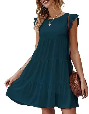 Women's Ruffles Boho Floral Printed Summer Dresses Loose Swing Casual Short Mini T-Shirt Dress