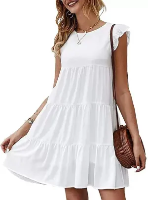 Women's Ruffles Boho Floral Printed Summer Dresses Loose Swing Casual Short Mini T-Shirt Dress