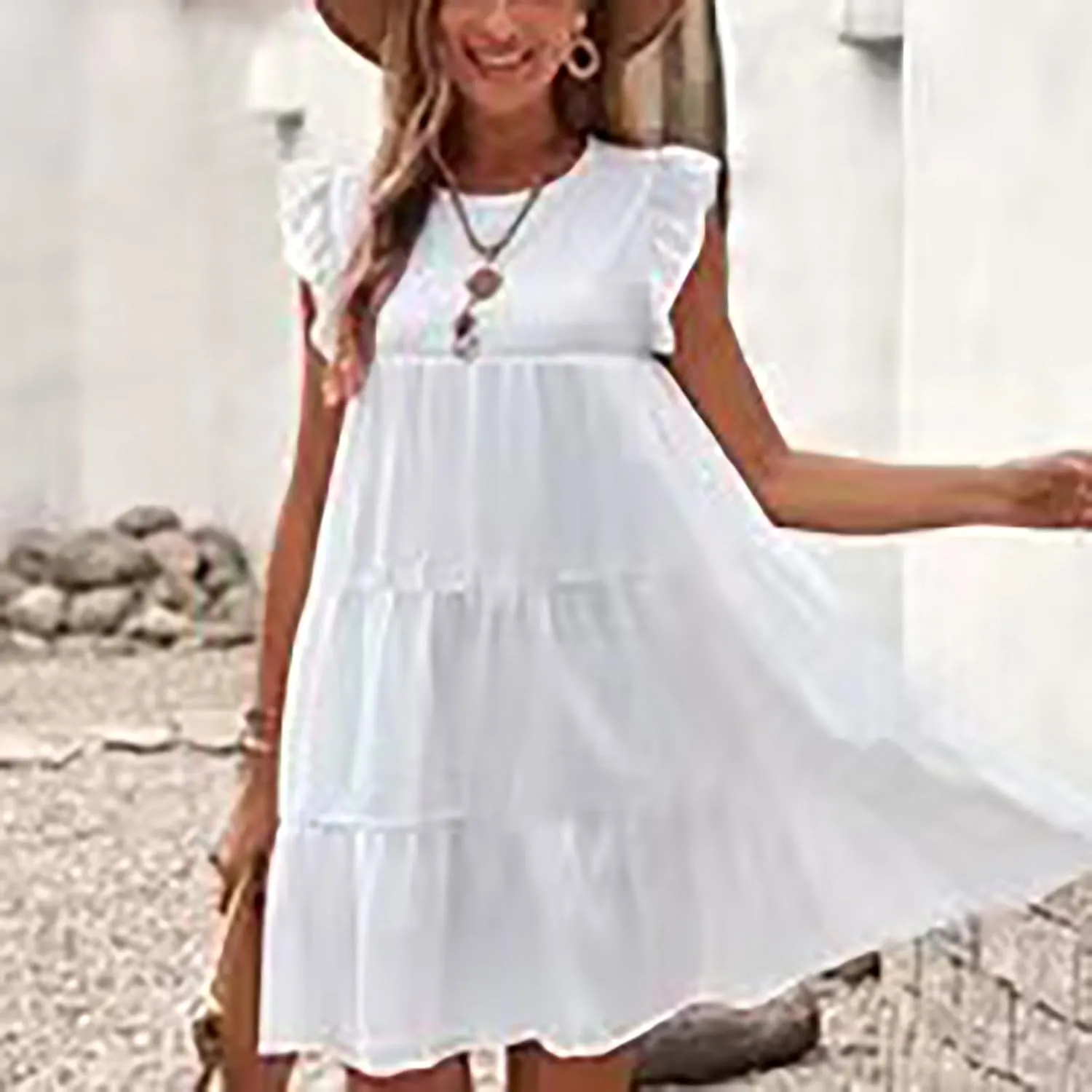 Women's Ruffles Boho Floral Printed Summer Dresses Loose Swing Casual Short Mini T-Shirt Dress