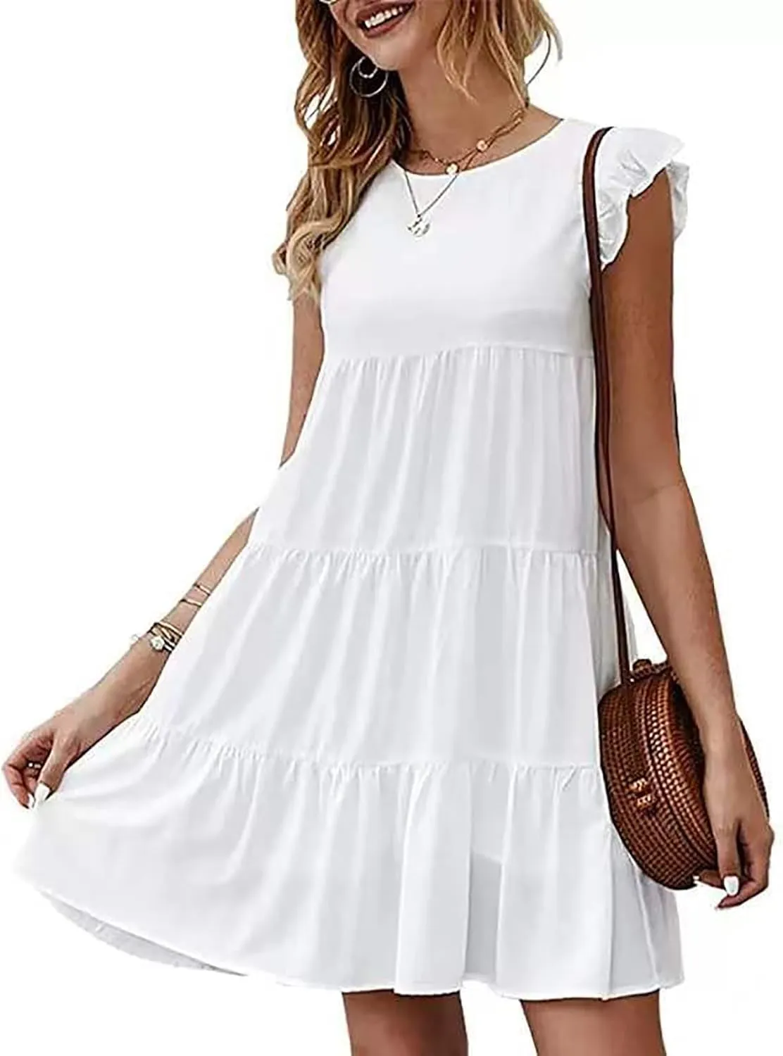 Women's Ruffles Boho Floral Printed Summer Dresses Loose Swing Casual Short Mini T-Shirt Dress