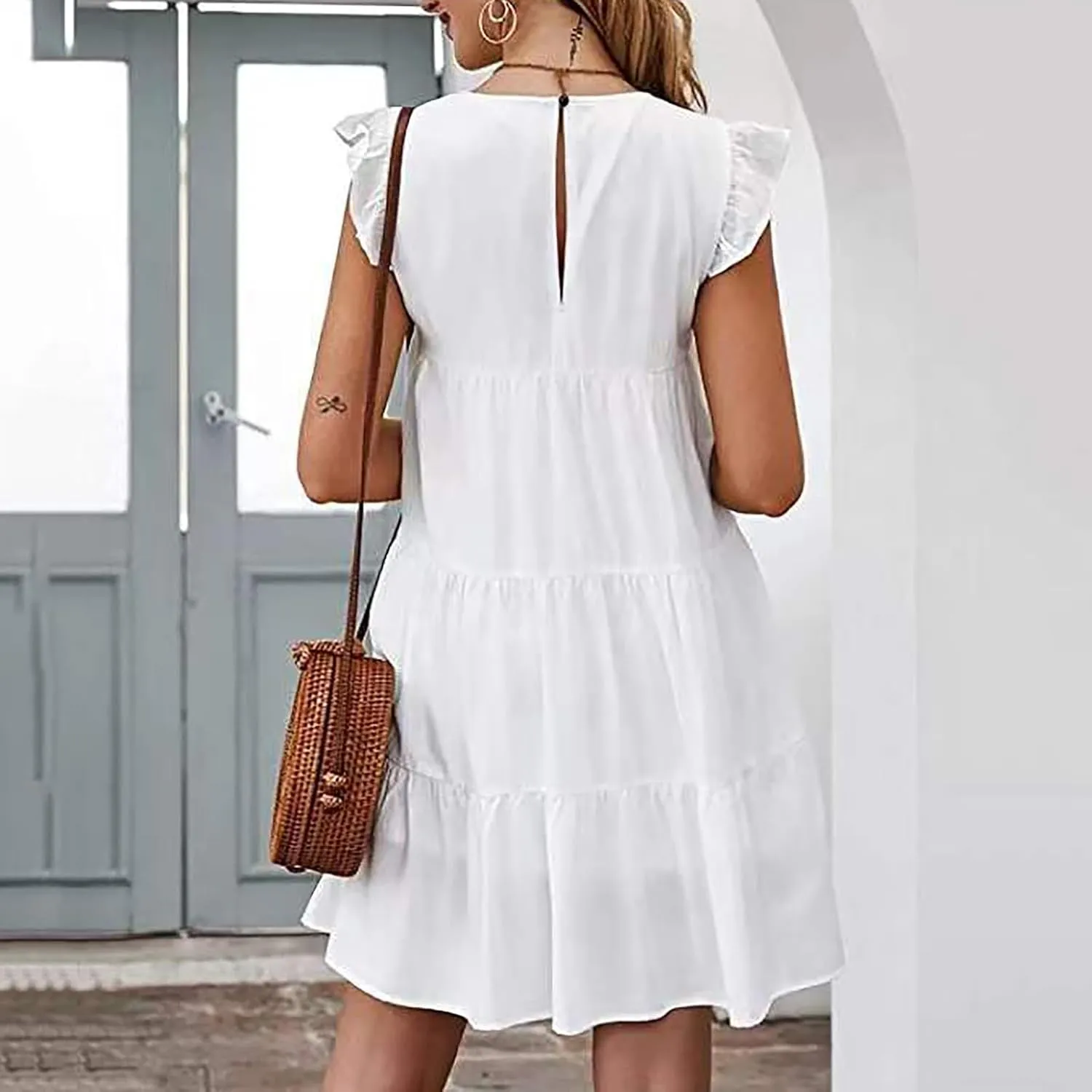 Women's Ruffles Boho Floral Printed Summer Dresses Loose Swing Casual Short Mini T-Shirt Dress