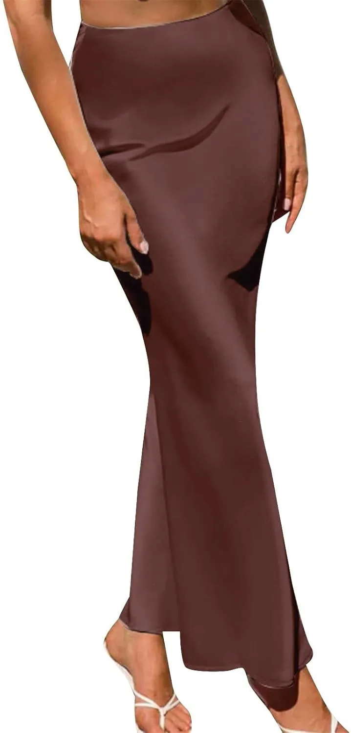 Women's Satin High Waisted Maxi Skirts Hidden Elasticized Waistband A Line Long Skirt Satin Maxi Skirts 2025