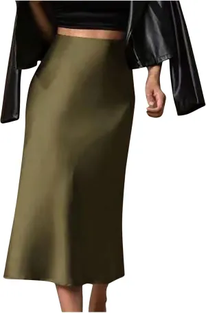 Womens Satin Skirts Casual Silk Midi Skirt High Waisted Long Skirts Elegant Work Skirts Evening Cocktail Party Skirt