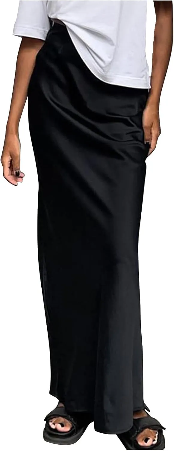 Womens Satin Skirts Casual Silk Midi Skirt High Waisted Long Skirts Flowy Mermaid Skirt 2024 Elegant Work Skirts