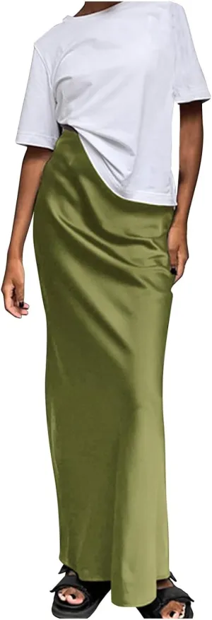 Womens Satin Skirts Casual Silk Midi Skirt High Waisted Long Skirts Flowy Mermaid Skirt 2024 Elegant Work Skirts