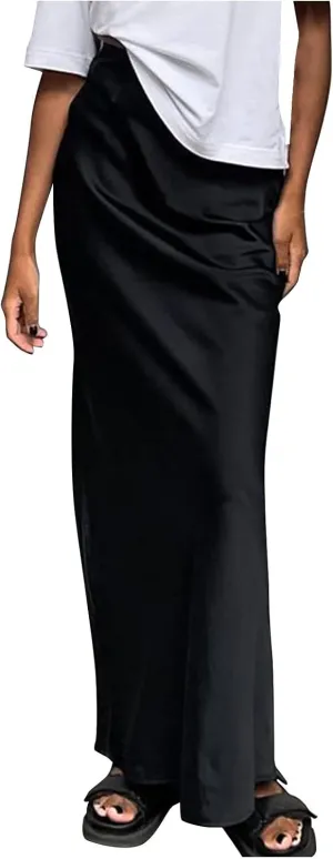 Womens Satin Skirts Casual Silk Midi Skirt High Waisted Long Skirts Flowy Mermaid Skirt 2024 Elegant Work Skirts