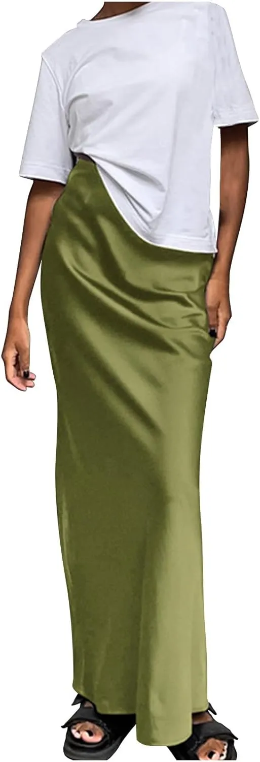 Womens Satin Skirts Casual Silk Midi Skirt High Waisted Long Skirts Flowy Mermaid Skirt 2024 Elegant Work Skirts